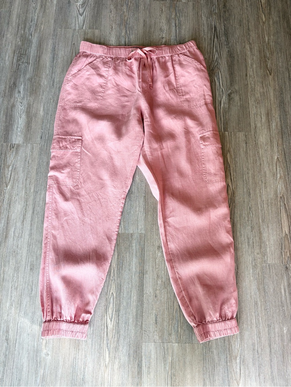 NICOLE MILLER JOGGER PANTS WOMENS XL ROSE 100% LINEN CARGO POCKETS FLAWLESS COOL